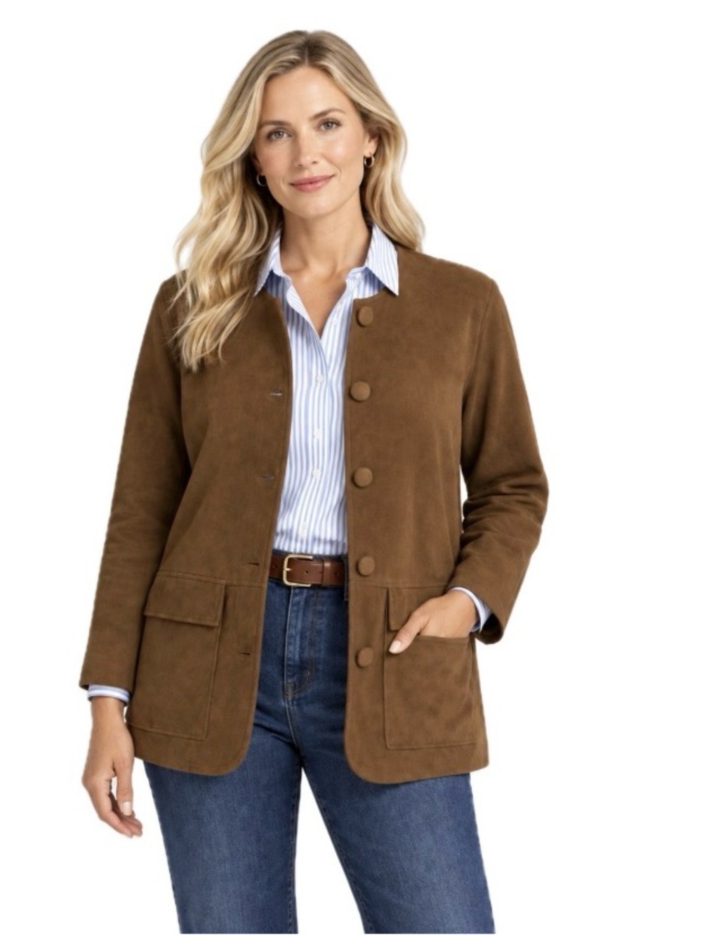 Elliott Lauren, Faux Suede Jacket Brown Button Front Lux Minimal, Size 14